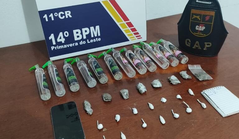 Homem é preso pela PM com porções de drogas e frascos de lança-perfume em Primavera do Leste